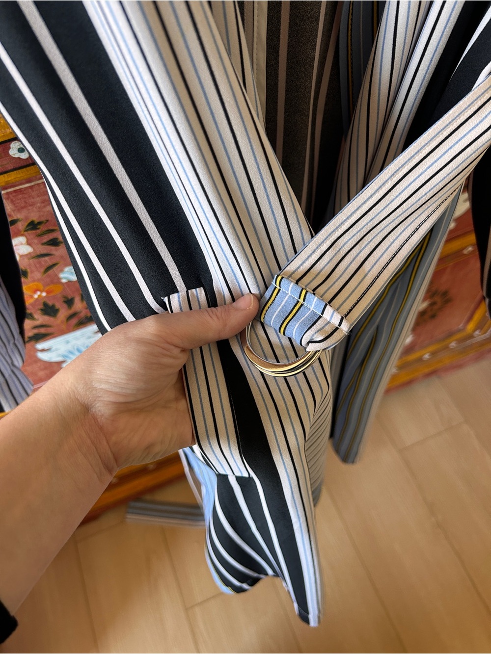 Peter Nygard Black, White & Light Blue Striped Belted Long-Sleeve Dress - Picture 6 of 6